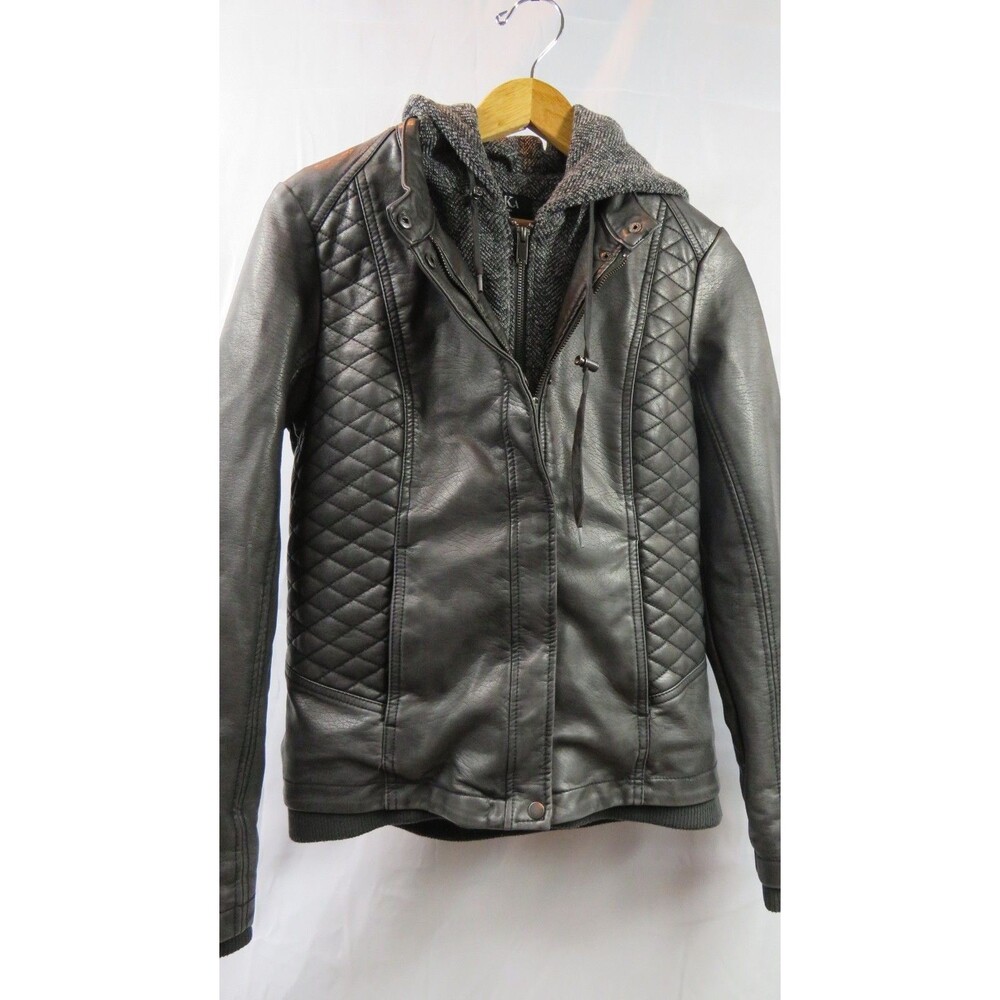 MoKa Santa Fe Apparel Meriam Knit Hood Faux Leather Zip Button Jacket Sz XSmall